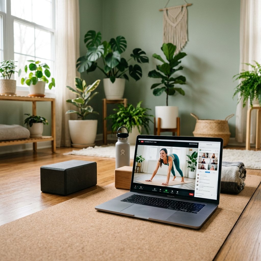 Laptop showing online live yoga class instruction