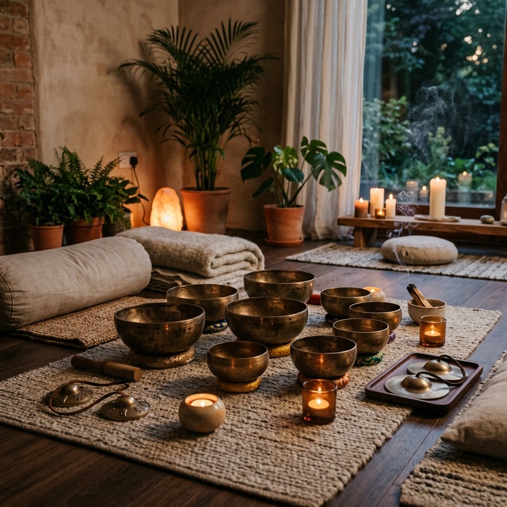 Tibetan singing bowl sound healing setup
